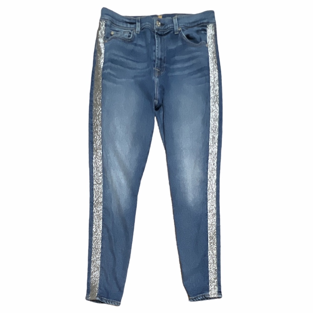 7 For All Mankind The High Waist Ankle Skinny Silver Stripe Blue Women 30 Jeans